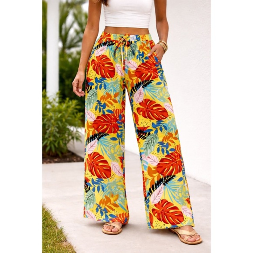 Tropical‎ Hawaiian Wide Leg Pants Women Size L Yellow Monstera Leaf Pockets NWT